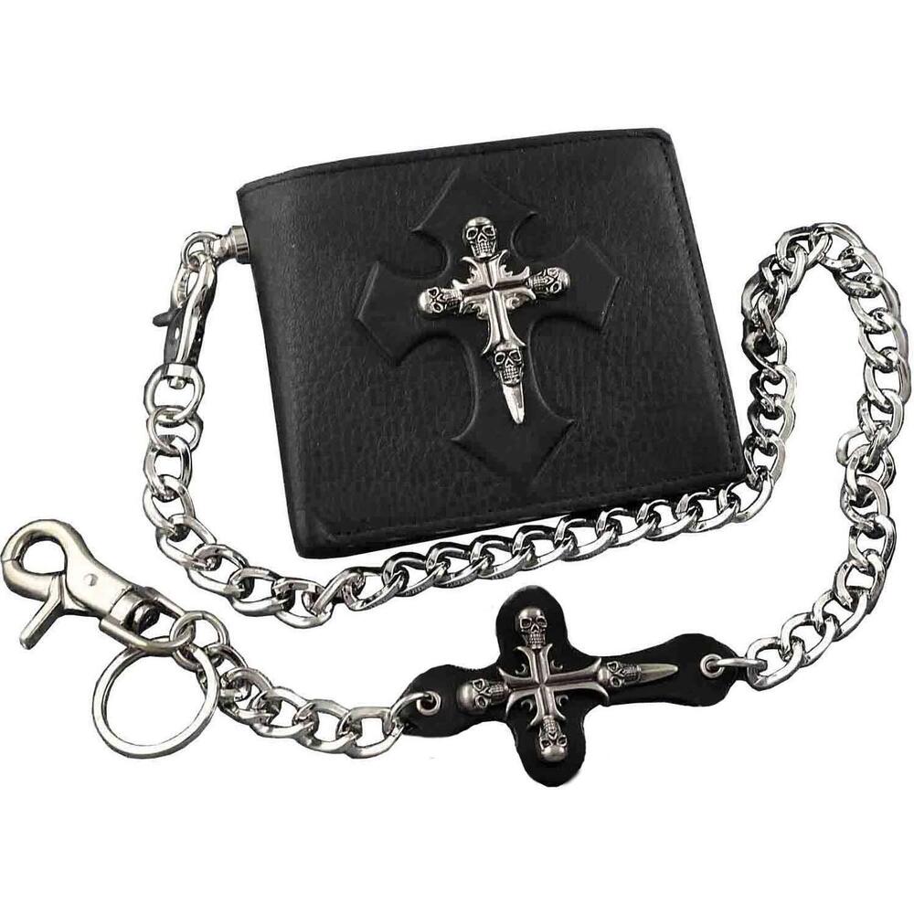 2402 Skull Cross Leather Bifold ID Card Money Wallet W/Jeans Chain